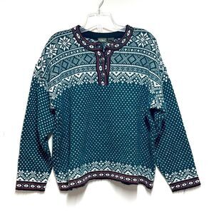 Rare VTG LL Bean Nordic Latvia Wool Sweater Green Pullover Fair Isle Womens Sz L
